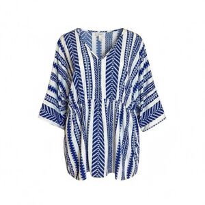 Geometric Print V-Neck Short Sleeve Peplum Blouse Top Blue White Size 2XL